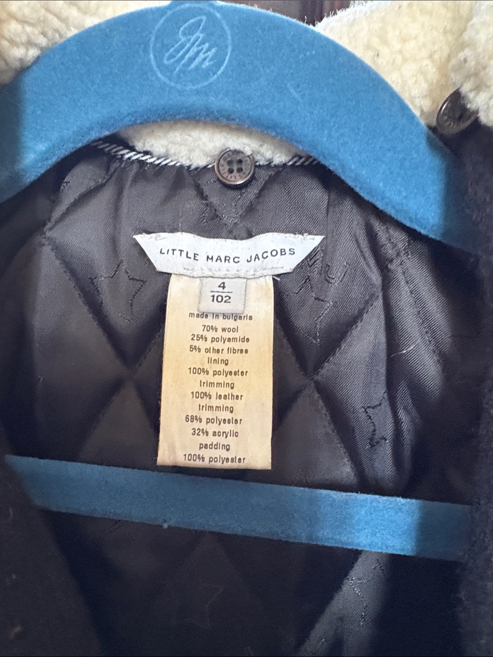 Little Marc Jacobs Navy Pea Coat with Tan Trim and Cream Sherpa Collar - Picture 2 of 7
